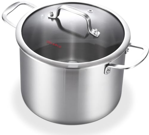 DELARLO Olla de acero inoxidable de tres capas de 8 cuartos con tapa, olla de cocina de inducción de cocina 18/10 de grado alimenticio, olla grande duradera para sopa, olla de cocción a fuego lento