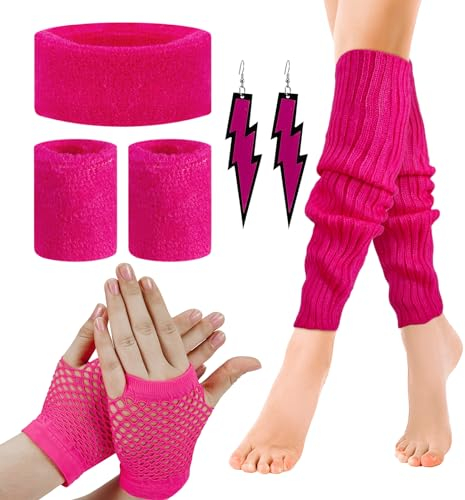 Partideal 80s Fancy Dress Costumes Accessories, Neon Leg Warmers and Fishnet Gloves Set, Fluorescent Headband Wristbands Bracelet Earrings,Fancy Dress Outfit for 1980s Retro Theme Party Sports Yoga