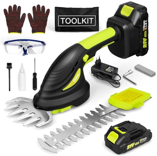 Gisam Mini Tagliasiepi a Batteria, Tagliabordi & Tagliasiepi Elettrico 2 in 1, Taglia Siepe Giardino con 2 x 2Ah Batterie Ricaricabili, Forbici da Potatura per Siepe, Prato e Erba (Verde2)
