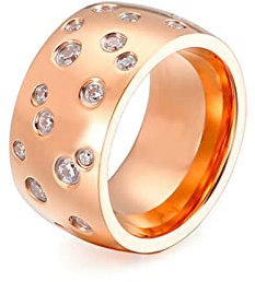 KnSam Bague Large Bombée Acier Inoxydable, Or Rose, Ornée de Zircones 12mm, Taille 52, Bijoux Fantaisie Unisexe