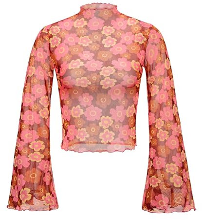 Durio 70s Womens Bell Sleeve Top Floral Tops for Women Disco Outfit Mock Neck Flare Tops Semi Sheer Mesh Long Sleeve Top, Pink Flowers, L Plus