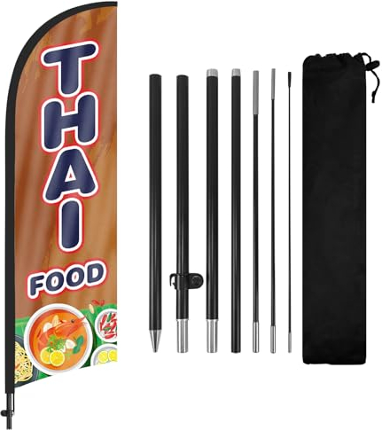 FSFLAG Thai Food Federflagge mit Fahnenmast Kit und Erdspieß, 2,5 m Thai Food, windlose Flagge, Banner, Schild, Geschäft für Außenwerbung