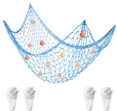 Aolso Fischerei Dekorative, 200×100 cm Wand Deko im Mittelmeerstil Baumwollseil Fotowand für Room Decoration, Strand Themendekoration für Party, Fotonetz im mediterranen Stil(Blau-Muscheln)