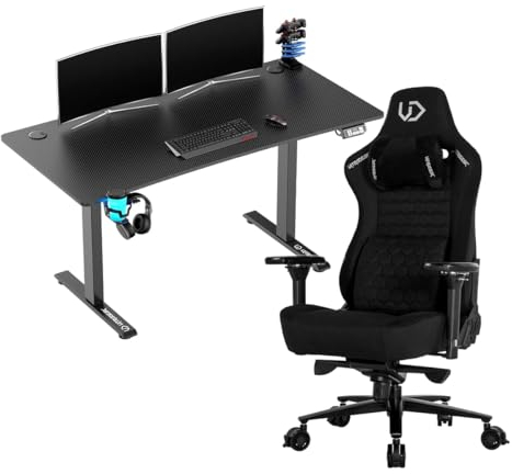 ULTRADESK Computertisch Level V2 + Stuhl Throne - Komplette Set für Gamer - Gaming Tisch mit Elektrischer Höhenverstellung, elektrisch, Stahlgestell - Langlebiger Gaming Stuhl - Schwarz 140x68cm