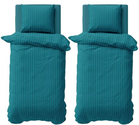Visaggio 4 teilige Bettwäsche 135x200 cm Mikrofaser Damast Bettbezug Set mit Reißverschluss Gestreift Modern Petrol