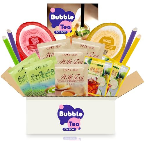 Bubble Tea DIY Set mit Mango & Erdbeere Popping Boba - Für 4 Getränke - 15-teiliges Boba Tee Starter Kit - 3 Teesorten (Milchtee, Grüner Tee, Zitronen-Eistee), Fruchtperlen, Strohhalme, mit Anleitung