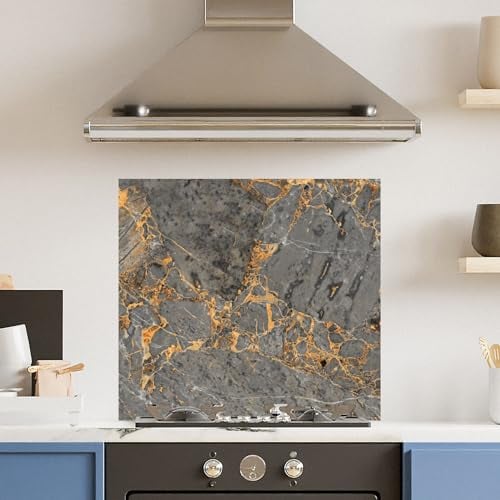Premium (w)70cm x (h)65cm Grey Marble Glass 6mm Kitchen Splashback Heat Resistant Toughened Polished Edges - Back Splash Back Coloured Hob Painted Tempered Splashback