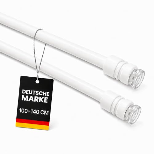 Bestlivings Klemmstange Gardinenstange ohne Bohren, Weiß, 100-140 cm | 2er-Set, Ø10 mm Metall-Spannstange mit Gummipuffer, stufenlos ausziehbar, bis 1 kg belastbar, für Scheiben- & Bistrogardinen