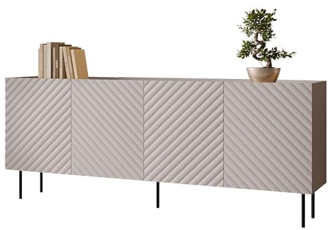 Mirjan24 Kommode Likade 200 4D mit 4 Türen, innen 8 Fächer, gefräster Front, Ohne Griffe, Metallfüße, Highboard, Anrichte, Sideboard, Mehrzweckschrank (Cashmere)