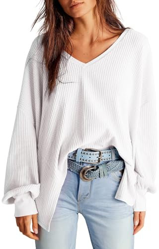 Dokotoo Womens Tops Long Sleeve Waffle Knit V Neck Oversized Women's Blouses Shirts Fall Winter Women Top Tshirts Loose Fit Casual Ladies Blouse T-Shirts White XL UK