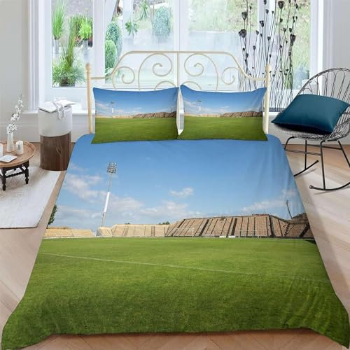Bettwäsche 140x200 Fußballstadion Bettwäsche-Sets Sportlicher Wettbewerb 3D Druck Bettbezug Fußballstadion Weiche Mikrofaser 3 Teilig Bettbezüge mit Reißverschluss und 2 Kissenbezug 80x80cm J2342
