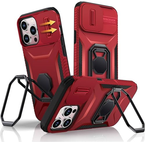 XYZ for iPhone 15 Pro Max Case with Stand, 15 Pro Max Phone Case with Ring Holder Kickstand Slide Camera Cover, Shockproof Military Hard Protective Cover for iPhone 15 Pro Max, Red