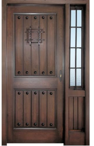 Puertas IBERGAMA - Puerta Exterior de Madera Rústica, con Fijo Lateral, Reja de Forja y Ventanillo, 210 x 125 cm. (Mano Izquierda)