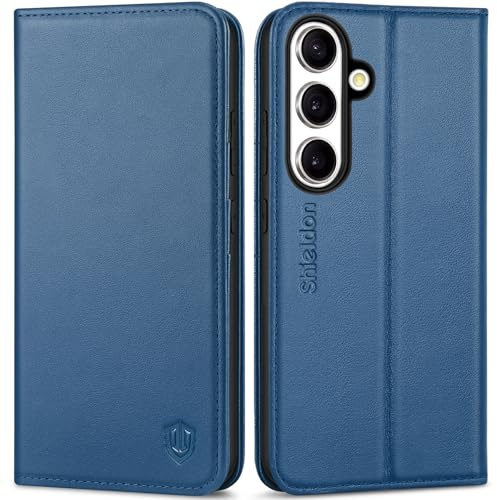 SHIELDON Rindsleder Hülle für Galaxy S25 6,2 5G 2025, Königsblau | TPU Magnetische Handyhülle, Stoßfest, Standfunktion, 3 Kartenfächer, Klappbar Ledertasche, Schutzhülle