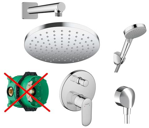 Hansgrohe Duschsystem mit Unterputz Duscharmatur von Hansgrohe Regendusche mit Armatur, Duschkopf rund, Wandarm Dusch-SET HGK07-ob poliert