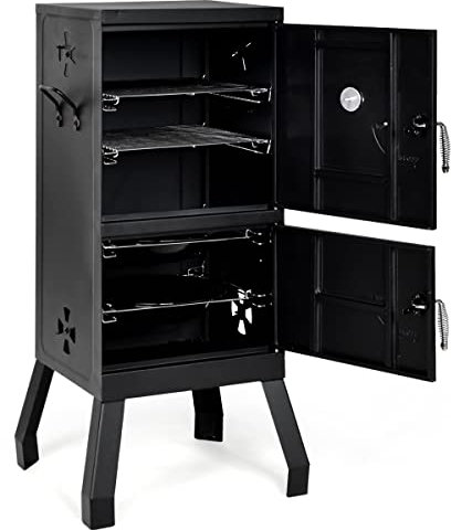 SPOTRAVEL Outdoor Charcoal Smoker, Vertical Charcoal BBQ Grill Smoker with Thermometer, 2 Doors, 2 Charcoal Pots, 8 Vents & Side Handles, Portable Roaster Barbecue for Outdoor Cooking and Grilling