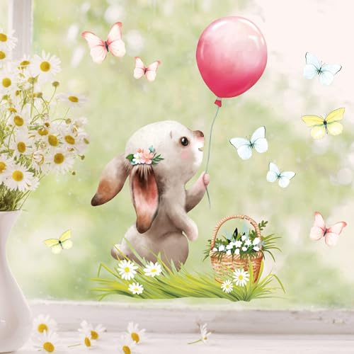 Wandtattoo Loft Fensterbilder Frühling Hasen mit Luftballon Motiv – A4 Bogen, Wiederverwendbar – Frühlingsdeko Fenster, Fensterfolie Frühling Selbstklebend