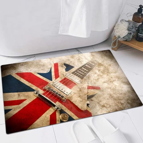 FSDGY Badvorleger Fußmatte Flauschig Teppich Badezimmerteppich Duschmatte für Bade & Wohnzimmer Schlafzimmer,Musik Grunge British Pop Gitarre Rock London Jack Union Brit Flagge Großnnien,40x60 cm