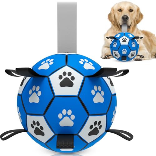 HETOO Giocattoli interattivi da calcio per cani con cinghia, palline d'acqua resistenti per cani di taglia piccola e media, per interni ed esterni, blu grigio (22,9 cm)
