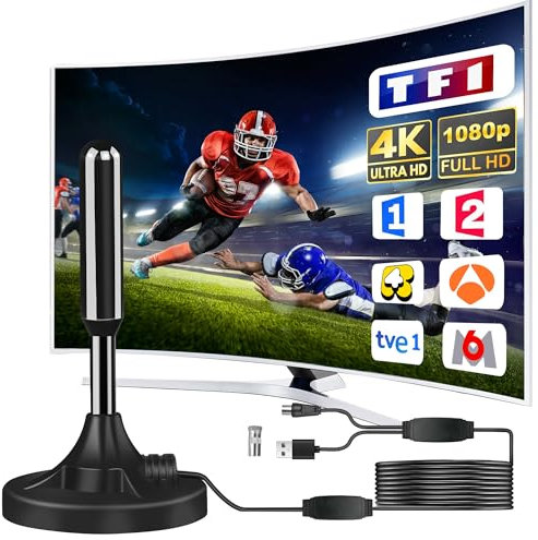 Antenne TV IntéRieur Puissante, Nouveau pour 2025 Antenne TNT IntéRieur Puissante, CâBle Coaxial De 5m, RéCeption Longue Distance 500km, 360 DegréS sans Angle Mort