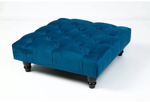 Kiswa collection Chesterfield Footstool - Plush Velvet Upholstered Pouffe with Wood Legs, Elegant Coffee Table Footrest, Matching Buttons, Stylish Home Decor (Blue, 25D x 60W x 60H cm)