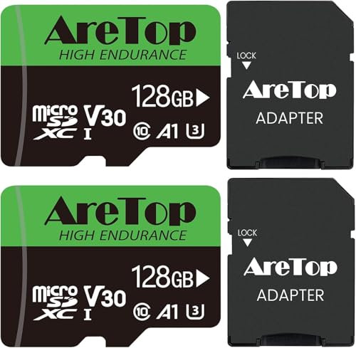 Aretop Lot de 2 cartes mémoire Micro SD 128 Go avec 2 adaptateurs MicroSDXC UHS-I U3 V30 A1 - Enregistrement vidéo Full HD - Micro SD - Pour appareil photo, smartphone, drone, caméra embarquée