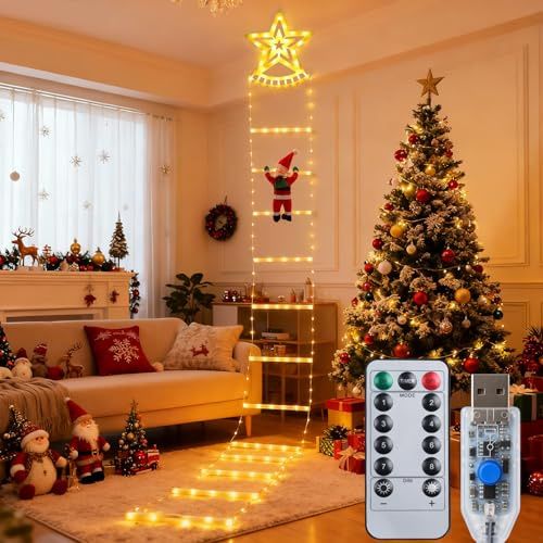 Qoosea LED Weihnachtsmann Leiter Lichterkette, 2.7M LED Weihnachtsbeleuchtung Außen mit Timer, Speicherfunktion, 8 Modi, für Innen Außen Weihnachtsbaum Fenster Weihnachten Deko