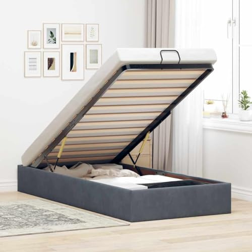 ACAGALA Polsterbett mit Bettkasten 90x190 cm, Einzelbett mit Stauraum, Bettgestell mit Lattenrost, Bettrahmen ohne Matratze, Boxspringbett für Schlafzimmer, Gästezimmer, Samt, Dunkelgrau