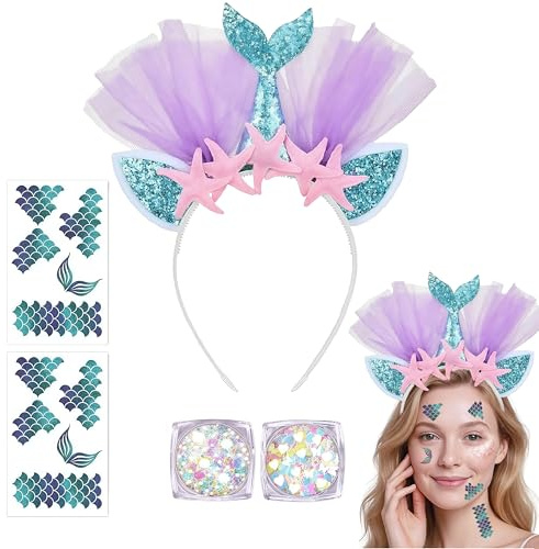 Zosutetoxo Meerjungfrau Kostüm Set Damen Mädchen, Haarreif mit Glitzer Gel & Gesichtstattoos für Karneval Fasching Meerjungfrau Accessoires