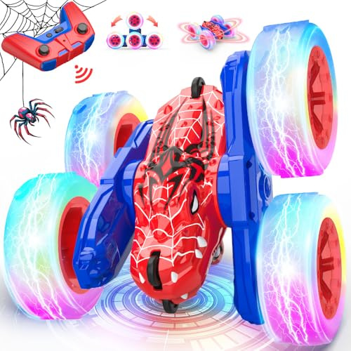 Voiture Télécommandé Enfant, Spider Jouet Garcon Fille 3 4 5 6 7 8 9 10 Ans | 2.4GHz Voiture Telecomise, Stunt Remote Control Car, Monster Truck avec LED, Cadeau Noël Anniversaire, RC Crawler 1/32