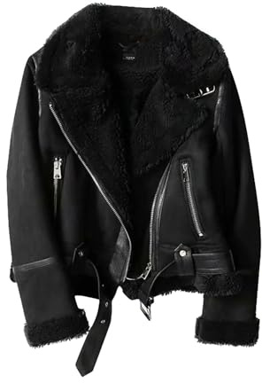 Glamidea Damen Warme Fleecejacke Einfarbige Lederjacke mit Gürtel und Reißverschlußtaschen Elegante Kunstlederjacke Langarm Wintermantel Zip Up Reverskragen Bikerjacke Kurze Freizeitjacke