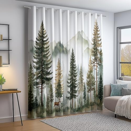 Generisch Verdunkelungsvorhang mit Ösen 100% Blickdicht - Aquarell Wald Tannen & Hirsch Motiv, Vorhang Weiß mit schwarzer Rückseite, H200 x B70 cm (2er Set), Thermo Gardine für Wohn- & Schlafzimmer