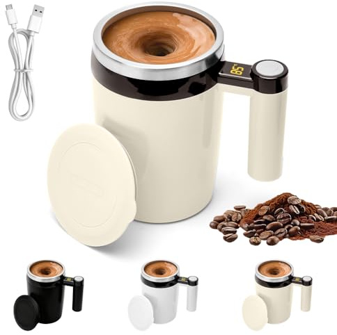 Taza de café con agitación automática, 380 ml, taza automática con indicador de temperatura, vaso mezclador magnético para café, leche, otras bebidas (beige-marrón)