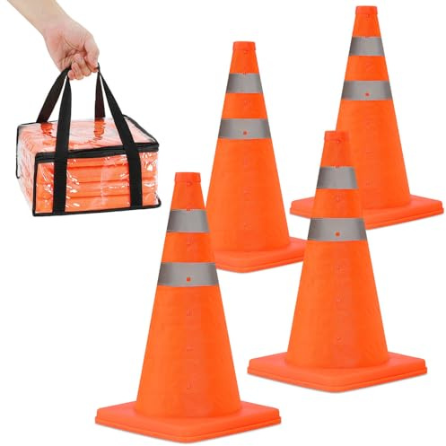 Verkehrskegel Faltbar 4er Set, Warnkegel mit Reflektorstreifen, Klappbar 45 cm, Leicht & Platzsparend, PP & Oxfordstoff, für Parkplatz, Auto & Notfall