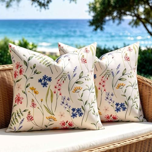kissenbezüge 50x50 mit Blumen Bunt, Outdoor Kissenbezug Decoration Aesthetic, 2 Stück Sofakissen Bezug für Frühling Sommer , Kissenhüllen für Sofa Dekokissen in Wohnzimmer Garten(Blumen Bunt A)