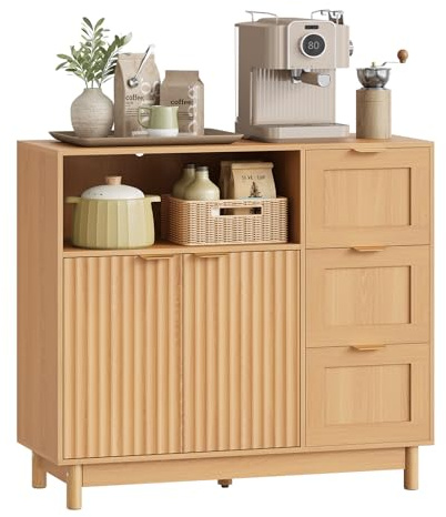WOLTU Sideboard, Küchenschrank mit 3 Schubladen, Kommode Küche mit Türen, Verstellbarer Ablage, aus Holzwerkstoff, für Küche Wohnzimmer Flur, 90x80x35 cm, Holzoptik
