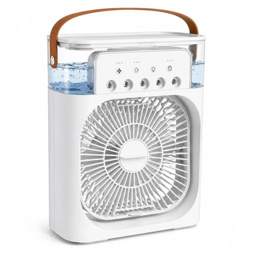 Homvex Portable Air Cooler Fan with 5 Spray Nozzles, USB Personal Mini AC Unit, 3 Speeds, 3 Timers, 7 Colour LED Light, Quiet Evaporative Cooler for Room & Desk (White)