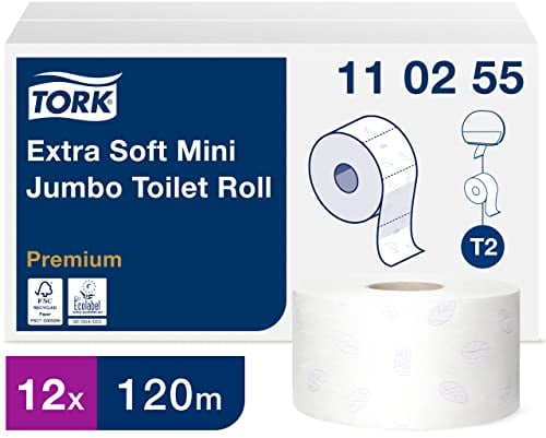 Tork Extra Soft Mini Jumbo Toilet Paper Roll White T2, Premium, 3-ply, 12 x 120 metres, 110255