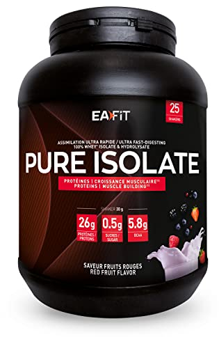 EAFIT | Pure Isolate | Whey Protein Isolate | Whey pour Prise de Masse et Musculation | 26g de Proteine, 5,8g de BCAA | Faible en sucres et matières grasses | 750 g - FRUITS ROUGES | Marque FR