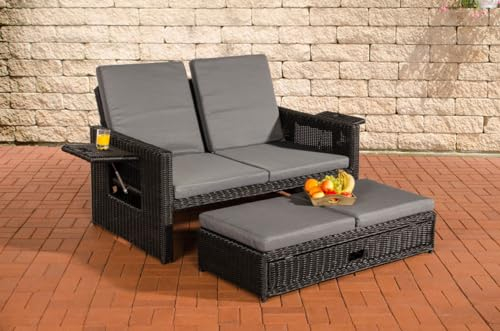 CLP Polyrattan 2er-Loungesofa Ancona 5mm I Rundrattan Garten-Sofa Mit Ausziehbarem Fußteil Und Verstellbarer Rückenlehne I, Farbe:schwarz, Polsterfarbe:Eisengrau