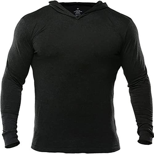 Mens Gym Slim Long Sleeve Bodybuilding Hoodies Sports Top Shirts Cotton and Spandex Black L
