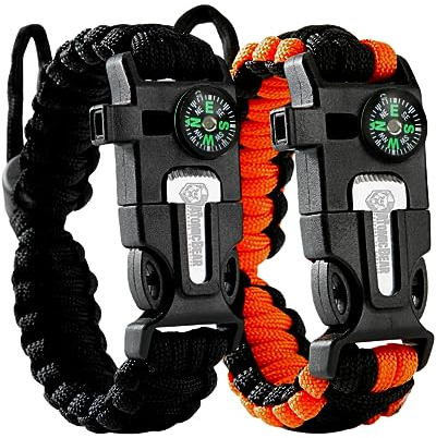 Lot de 2 bracelets de survie Cobra, Paracord + boussole + allume-feu + sifflet fort + couteau d'urgence, équipement de randonnée, de camping, de pêche, de chasse, noir + noir et orange