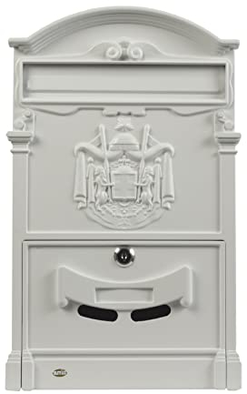 Amig - Cassetta postale da esterno in stile classico | Armadietto postale per pareti, pareti o recinzioni | 40,5 x 25,5 x 8,5 cm | Alluminio | Include viti | Colore bianco