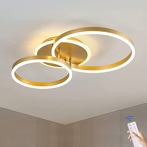 LED Gold Deckenleuchte Dimmbar mit Fernbedienung, Schlafzimmer Deckenlampe 36W 2-Rund Ring Modern Wohnzimmerlampe 60cm Kinderzimmer Lamp Mit Nachtlichtfunktion für Esszimmer Arbeitszimmer Flur Büro