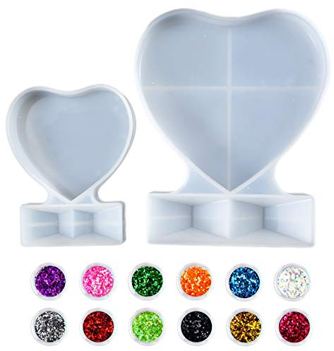 2 Pieces Photo Frame Mould Picture Silicone Heart Shape Crystal Resin Mould + 12 Pieces Sequins for Home Decoration DIY Crafts