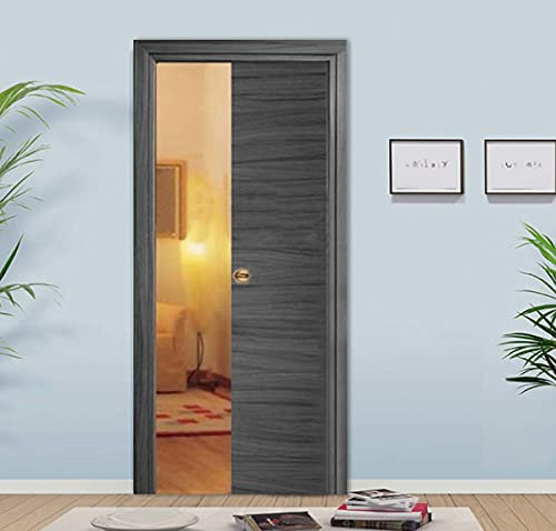 Porta scorrevole a scomparsa interno muro con CHIUSURA AUTOMATICA Ammortizzata in laminato Rovere Grigio Finitura Cromata