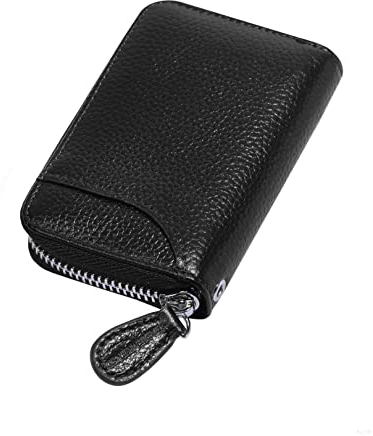 Credit Card Holder Small RFID Blocking Ladies Wallet with Stainless Steel Zipper Excellent Genuine Leather Accordion Wallets Case for Mens and Womens id Compact Slim Blocked Zip Accordian Cards Black
