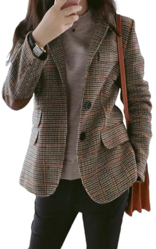 ebossy Womens Vintage Nothced Lapel Single Breasted Boyfriend Blazer Suits Houndstooth Plaid Jacket Coat with Patched Elbow, Khaki-a, M