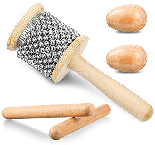 Nuanchu 5 Pcs Wooden Hand Percussion Instrument Set Mini Cabasa Breads
