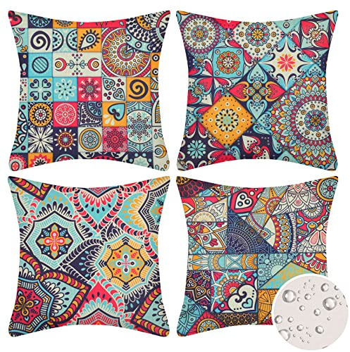 Velvhom wasserdichte Zierkissenbezüge 45 x 45 cm Ethnischer Kissenbezug Sofakissen Blumen Mandala Bunte Kunst Dekokissen Kissenbezüge für Garten Terrasse Bank Bed Büro Cafe Büro Außenmöbel 18 x 18